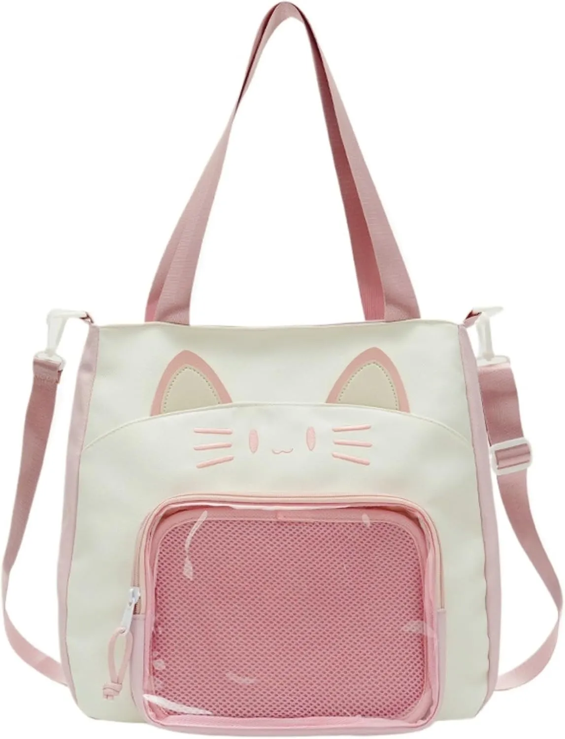 Kawaii Cat Ita Bag with Insert Large Capacity Pin Display Bag Crossbody Y2K for Anime Cosplay Reflective (Pink)