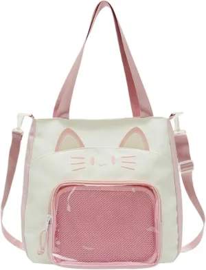 Kawaii Cat Ita Bag with Insert Large Capacity Pin Display Bag Crossbody Y2K for Anime Cosplay Reflective (Pink)