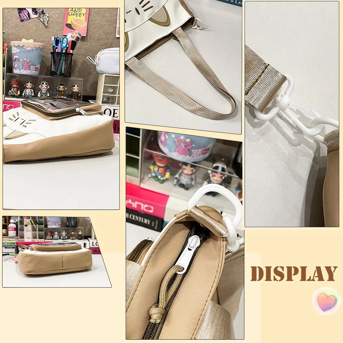 Kawaii Cat Ita Bag with Insert Large Capacity Pin Display Bag Crossbody Y2K for Anime Cosplay Reflective (Pink)