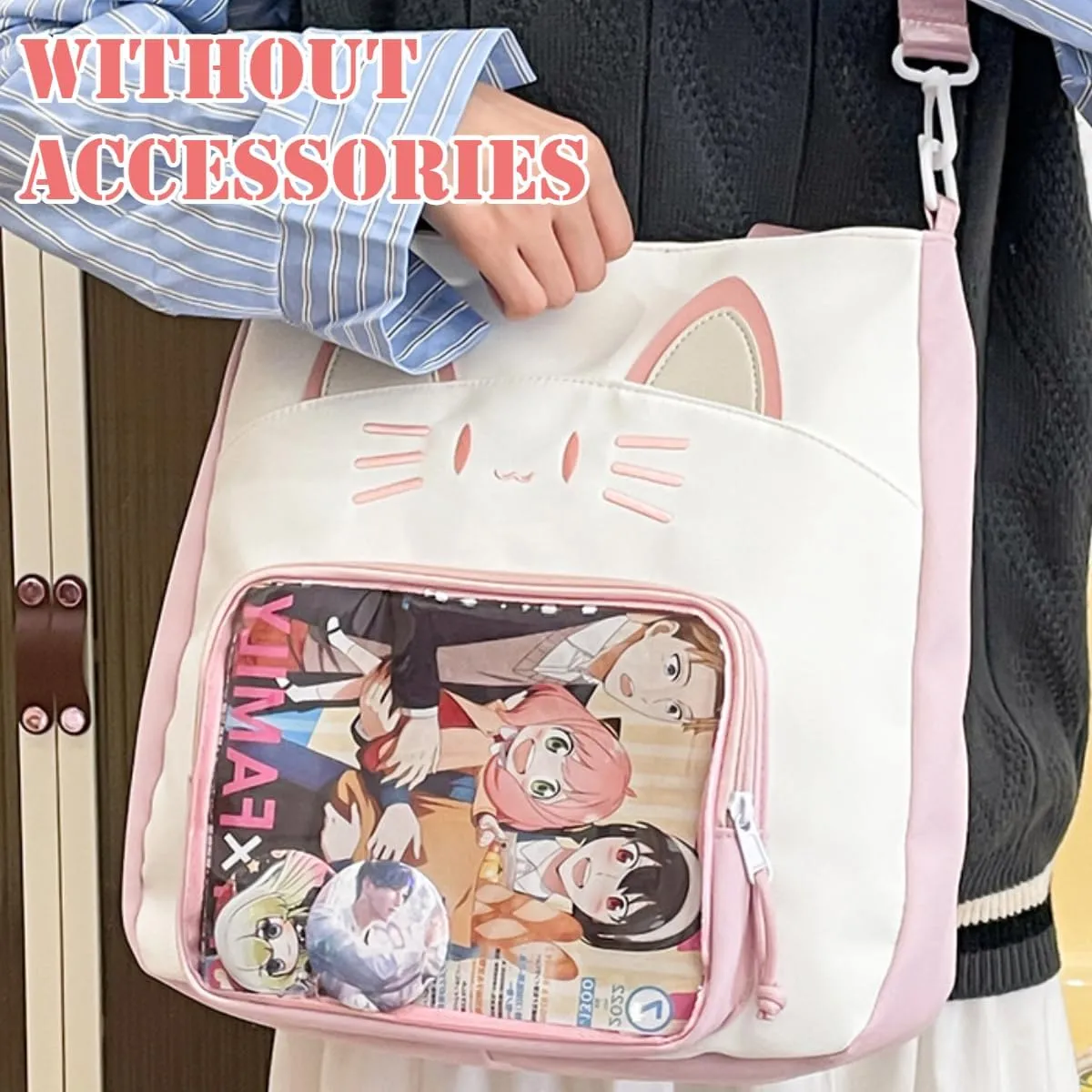 Kawaii Cat Ita Bag with Insert Large Capacity Pin Display Bag Crossbody Y2K for Anime Cosplay Reflective (Pink)