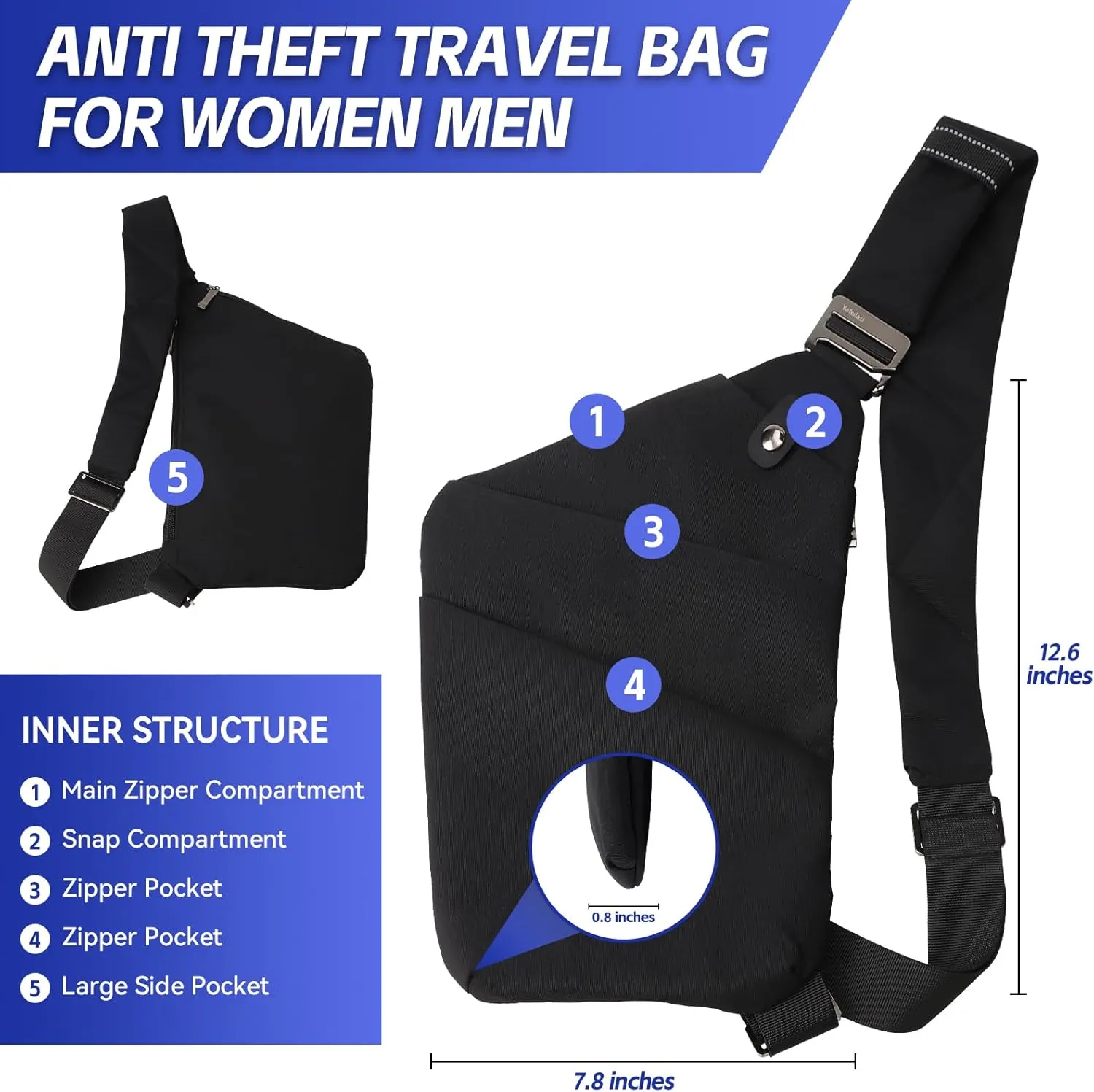 KELEEL Anti Theft Travel Bag for Women Men Slim Sling Bag Waterproof Personal Flex Bags Crossbody Chest Purses Bag for Casual