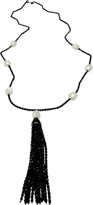 Kenneth Jay Lane, 36" INCH-JET BEAD TASSEL NECKLACE WITH FRESH WATER PEARLS STATIONS