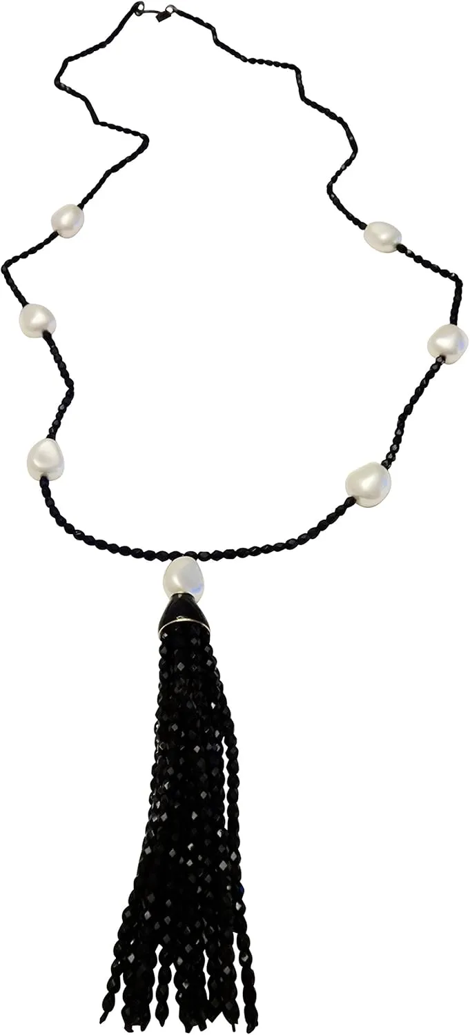 Kenneth Jay Lane, 36" INCH-JET BEAD TASSEL NECKLACE WITH FRESH WATER PEARLS STATIONS
