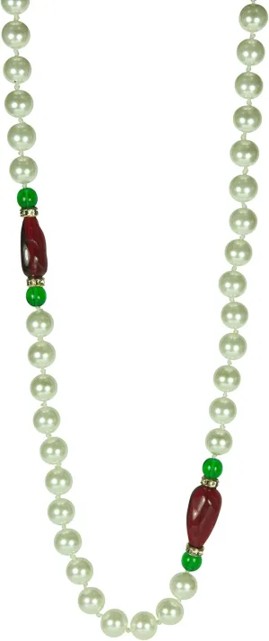 KENNETH JAY LANE-48" INCH 8MM WHITE GLASS PEARL NECKLACE WITH RED BEAD STATIONS, CRYSTALS & GREEN BEADS