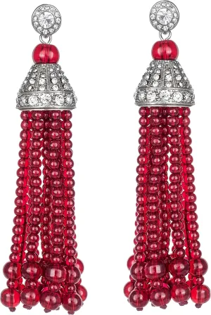 KENNETH JAY LANE, TASSEL & PAVE CRYSTAL 12 STRAND RUBY (RED) BEAD EARRING-PIERCED