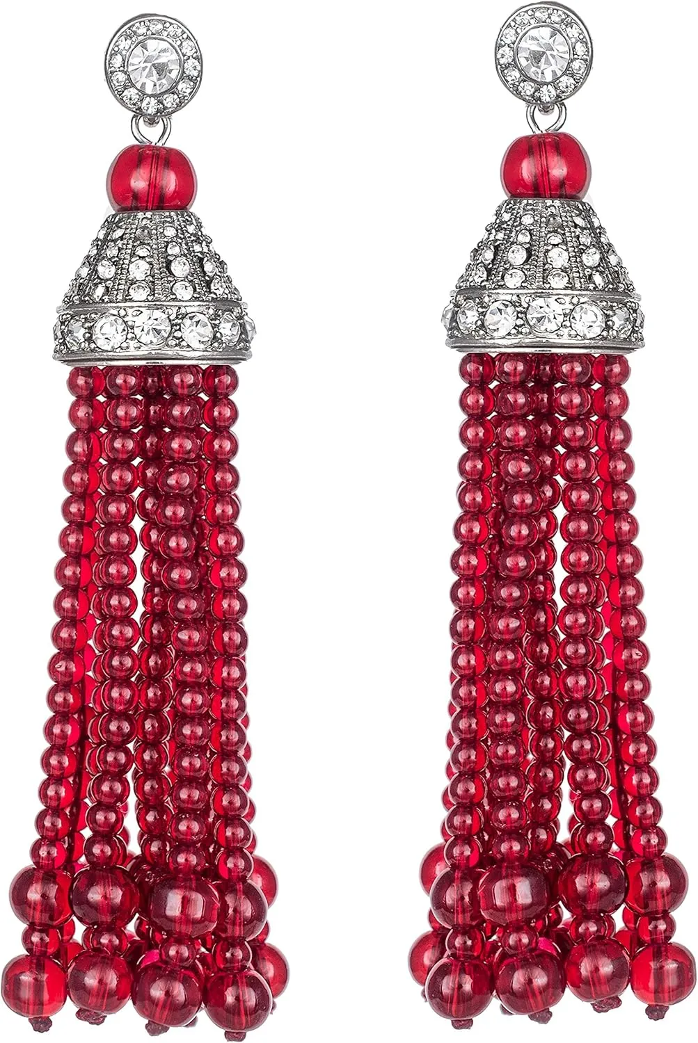 KENNETH JAY LANE, TASSEL & PAVE CRYSTAL 12 STRAND RUBY (RED) BEAD EARRING-PIERCED