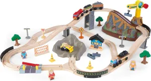 KidKraft Bucket Top Construction Wooden Train Set with Bulldozer, Working Crane, Tracks, Storage and 61 Play Pieces, Gift for Ages 3 