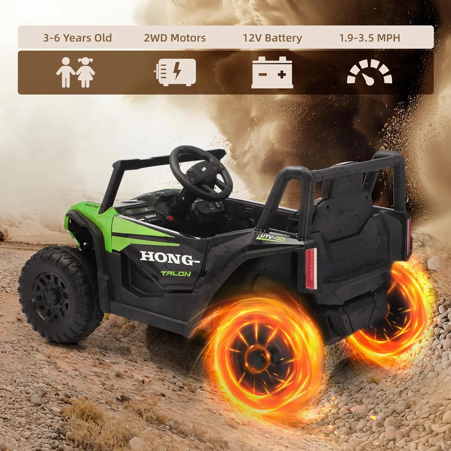 Kids 12V Ride on 2WD UTV, Battery Powered Electric Car, Safety Belt, Forward & Reverse Mode, High/Low Speed, Bumper & Anti-Slip Wheels for Boys and Girls (Green)