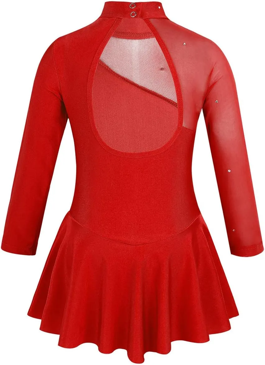 Kids Girls Figure Skating Dresses Long Sleeves Mock Neck Ballet Dance Skirted Gymnastics Leotard