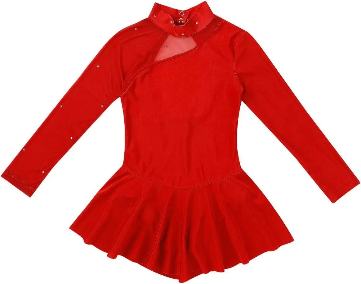 Kids Girls Figure Skating Dresses Long Sleeves Mock Neck Ballet Dance Skirted Gymnastics Leotard