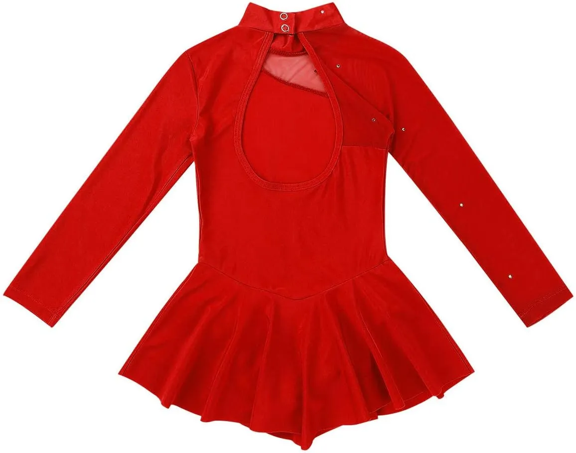Kids Girls Figure Skating Dresses Long Sleeves Mock Neck Ballet Dance Skirted Gymnastics Leotard