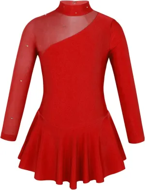 Kids Girls Figure Skating Dresses Long Sleeves Mock Neck Ballet Dance Skirted Gymnastics Leotard