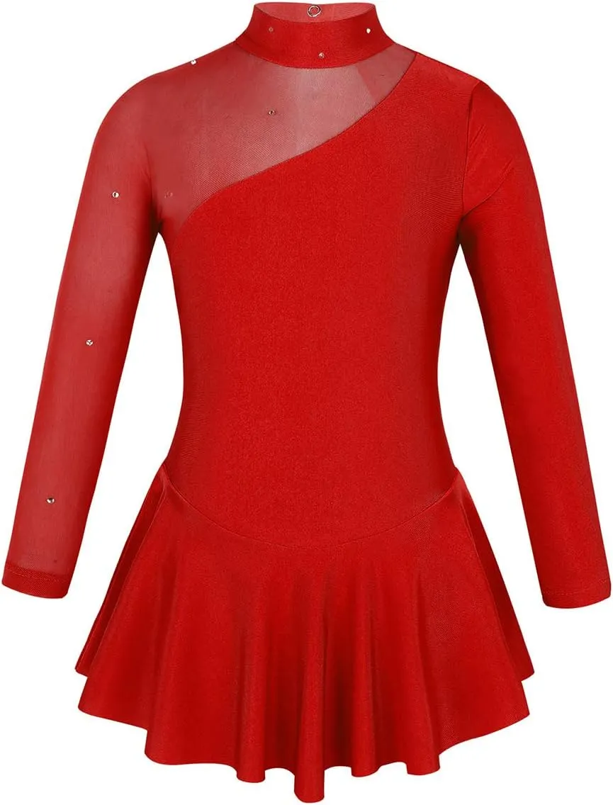 Kids Girls Figure Skating Dresses Long Sleeves Mock Neck Ballet Dance Skirted Gymnastics Leotard