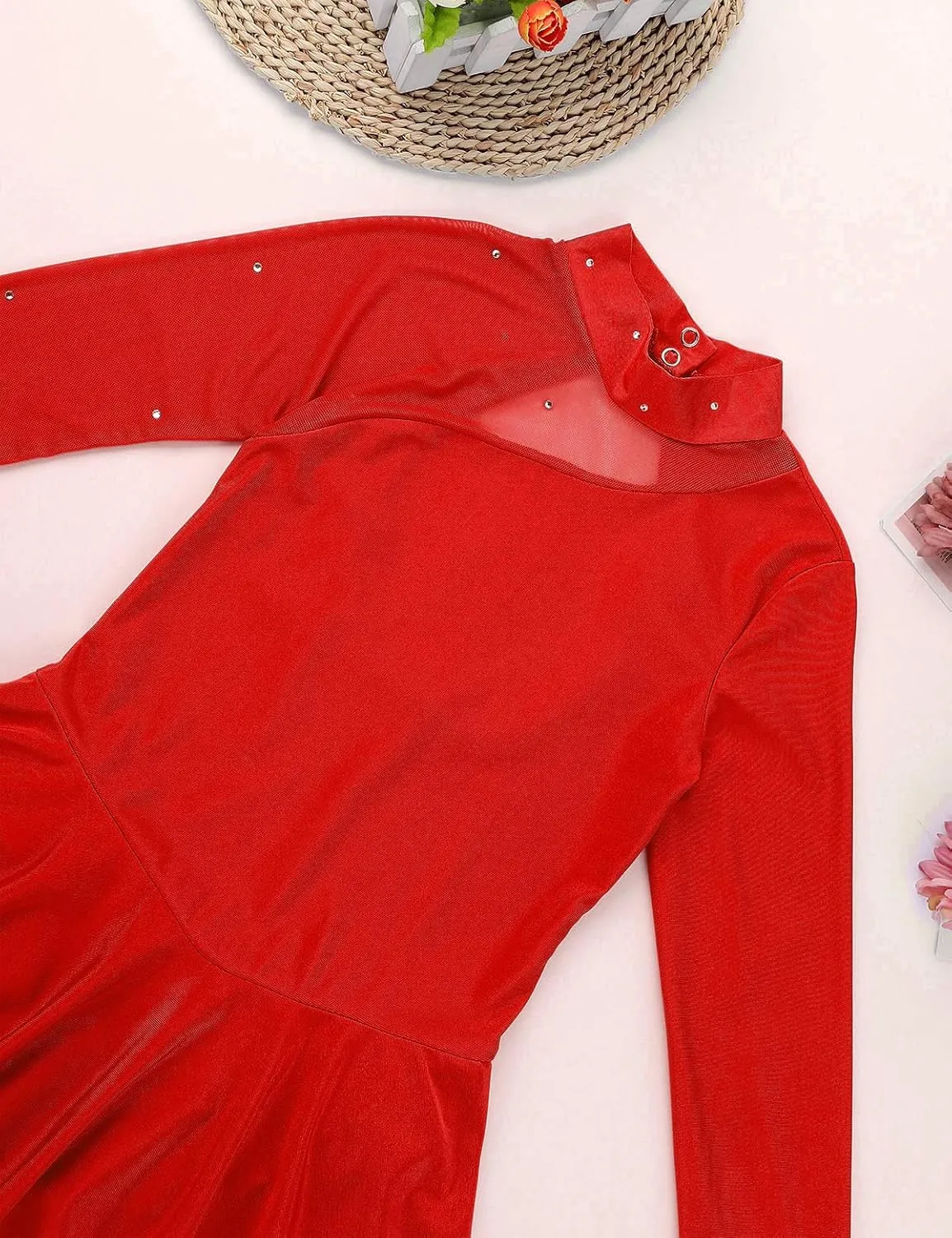 Kids Girls Figure Skating Dresses Long Sleeves Mock Neck Ballet Dance Skirted Gymnastics Leotard