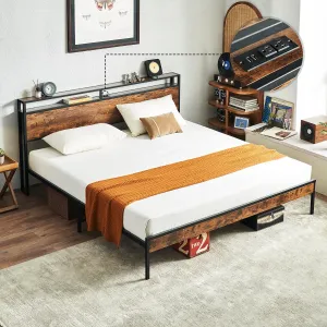 King Size Bed Frame with Headboard, Metal Platform King Bed Frame with USB Charging Station and Power Outlets, Easy Assembly, No Squeak, No Box Spring Needed (Brown)