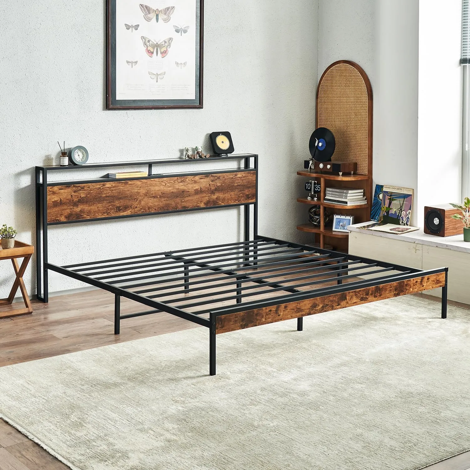 King Size Bed Frame with Headboard, Metal Platform King Bed Frame with USB Charging Station and Power Outlets, Easy Assembly, No Squeak, No Box Spring Needed (Brown)