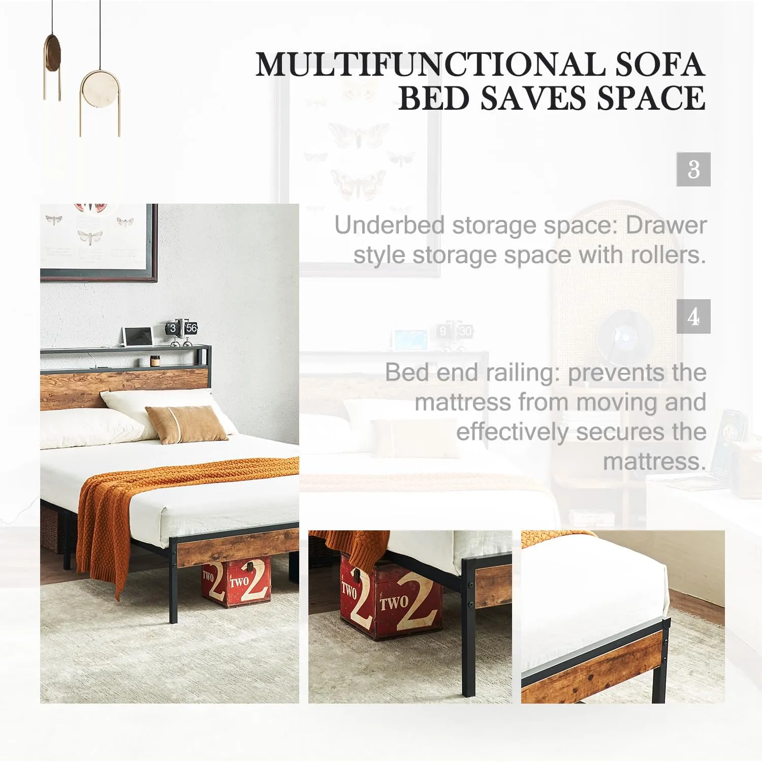 King Size Bed Frame with Headboard, Metal Platform King Bed Frame with USB Charging Station and Power Outlets, Easy Assembly, No Squeak, No Box Spring Needed (Brown)