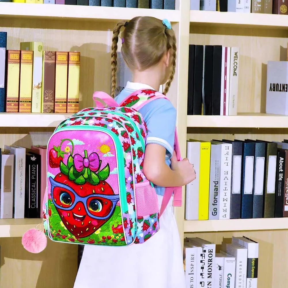 KLFVB 3PCS Strawberry Backpack for Girls, Water Resistant Kids Bookbag with Lunch Box, 16" Preschool Backpacks for Elementary - Strawberry Pink