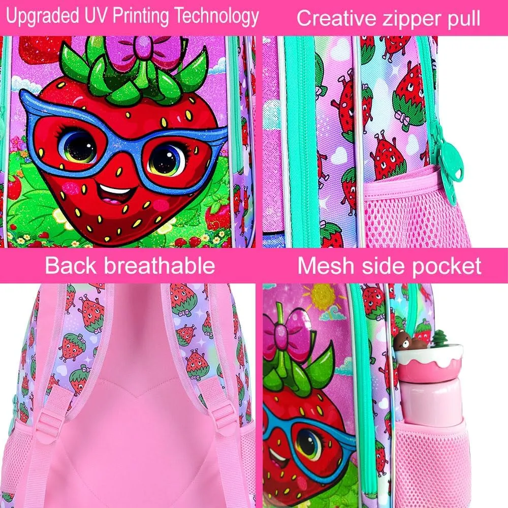 KLFVB 3PCS Strawberry Backpack for Girls, Water Resistant Kids Bookbag with Lunch Box, 16" Preschool Backpacks for Elementary - Strawberry Pink