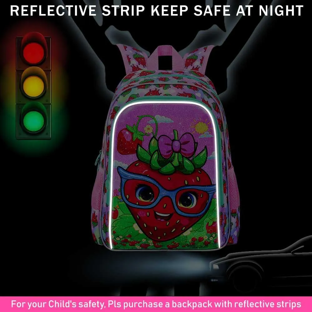 KLFVB 3PCS Strawberry Backpack for Girls, Water Resistant Kids Bookbag with Lunch Box, 16" Preschool Backpacks for Elementary - Strawberry Pink