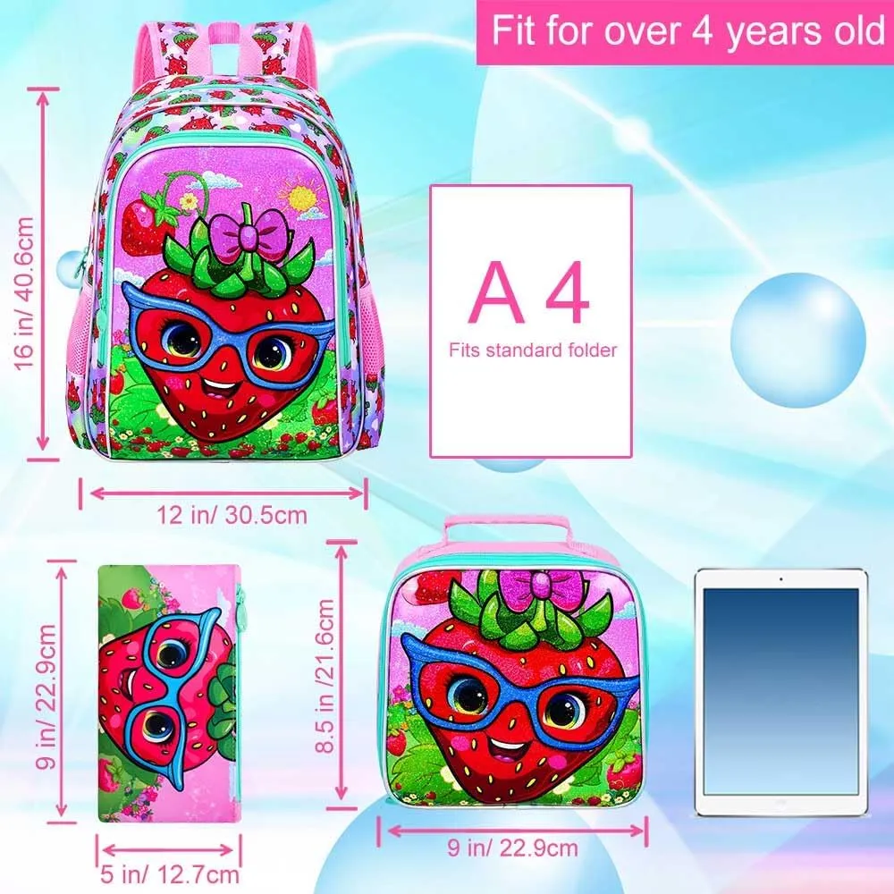 KLFVB 3PCS Strawberry Backpack for Girls, Water Resistant Kids Bookbag with Lunch Box, 16" Preschool Backpacks for Elementary - Strawberry Pink