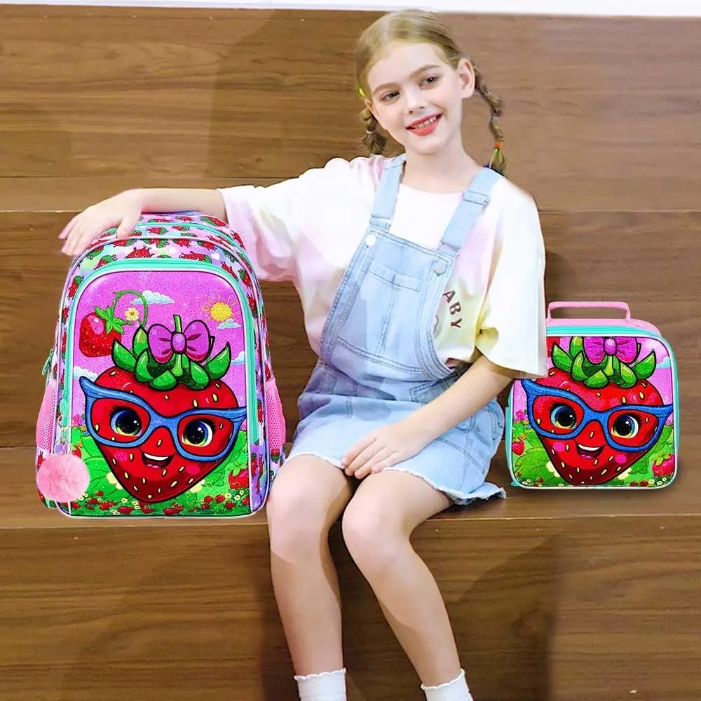 KLFVB 3PCS Strawberry Backpack for Girls, Water Resistant Kids Bookbag with Lunch Box, 16" Preschool Backpacks for Elementary - Strawberry Pink