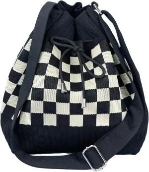 Knit Bucket Bag Women 2025 Trendy Spring Crochet Knitted Drawstring Shoulder Bags Crossbody Purse Geometric Pattern