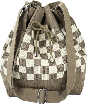 Knit Bucket Bag Women 2025 Trendy Spring Crochet Knitted Drawstring Shoulder Bags Crossbody Purse Geometric Pattern