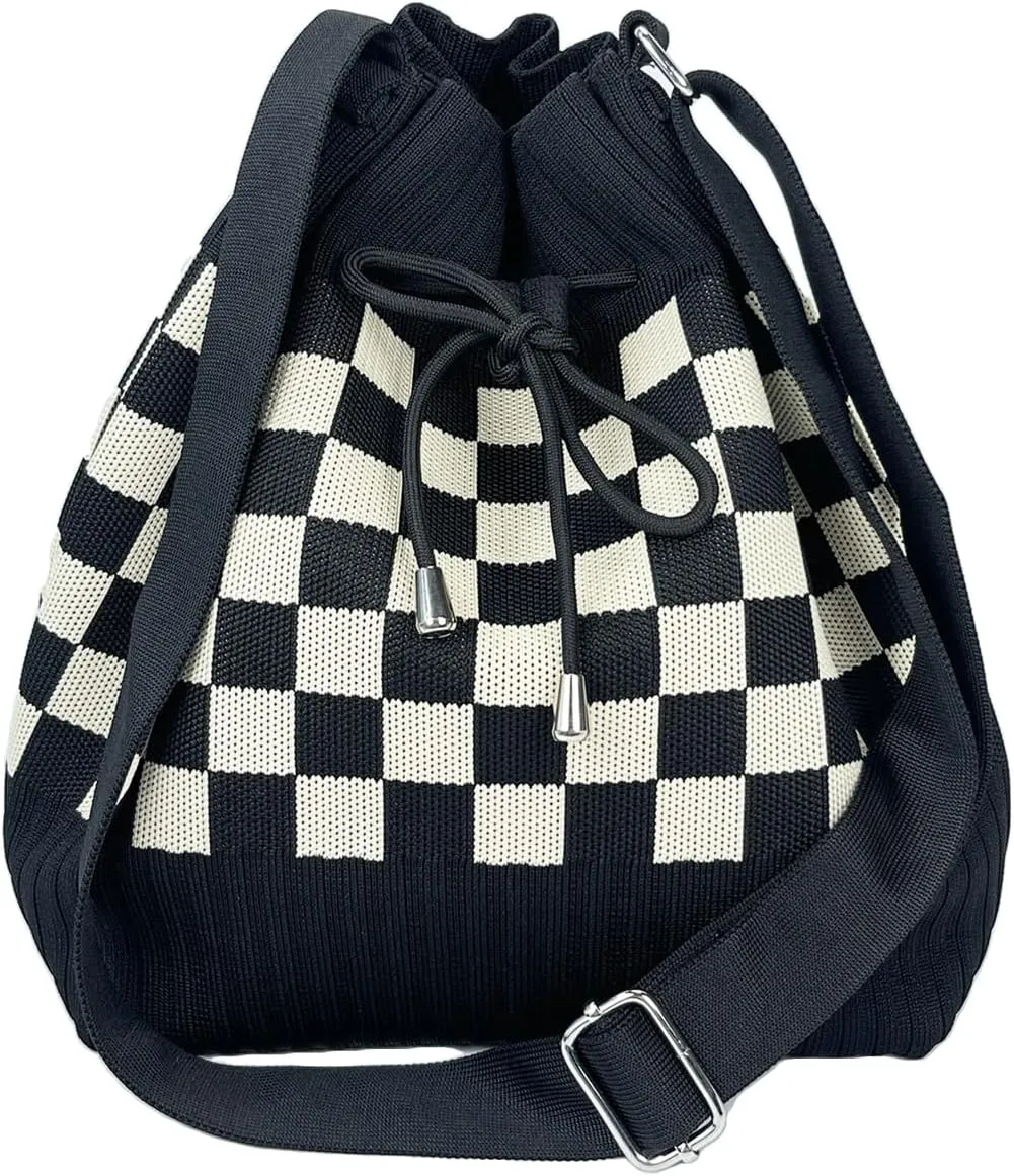 Knit Bucket Bag Women 2025 Trendy Spring Crochet Knitted Drawstring Shoulder Bags Crossbody Purse Geometric Pattern