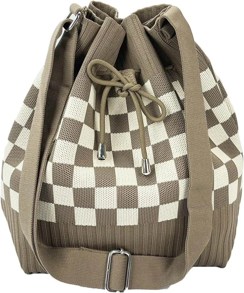 Knit Bucket Bag Women 2025 Trendy Spring Crochet Knitted Drawstring Shoulder Bags Crossbody Purse Geometric Pattern