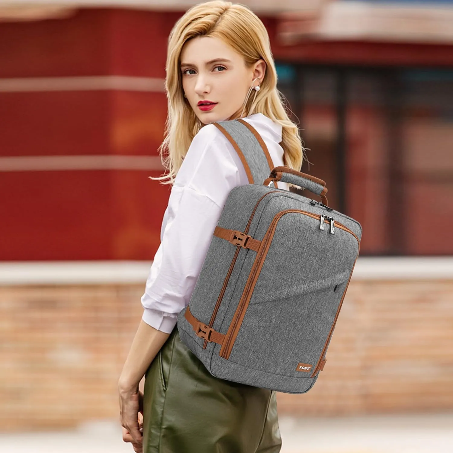 Kono Carry on Backpack, 16" Airplane Approved Under Seat Travel Backpack for Men and Women, Waterproof Lightweight Daypack for Flight 20L (Grey/Brown, Small)
