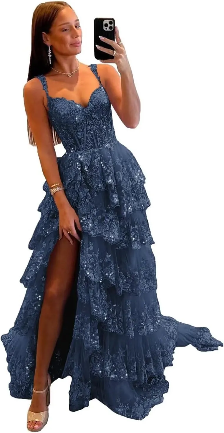 Lace Tulle Tiered Prom Dresses 2025 Long Slit Spaghetti Straps Sparkly Corset Formal Evening Party Gowns