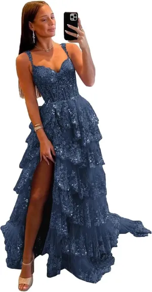 Lace Tulle Tiered Prom Dresses 2025 Long Slit Spaghetti Straps Sparkly Corset Formal Evening Party Gowns