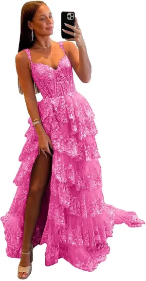 Lace Tulle Tiered Prom Dresses 2025 Long Slit Spaghetti Straps Sparkly Corset Formal Evening Party Gowns