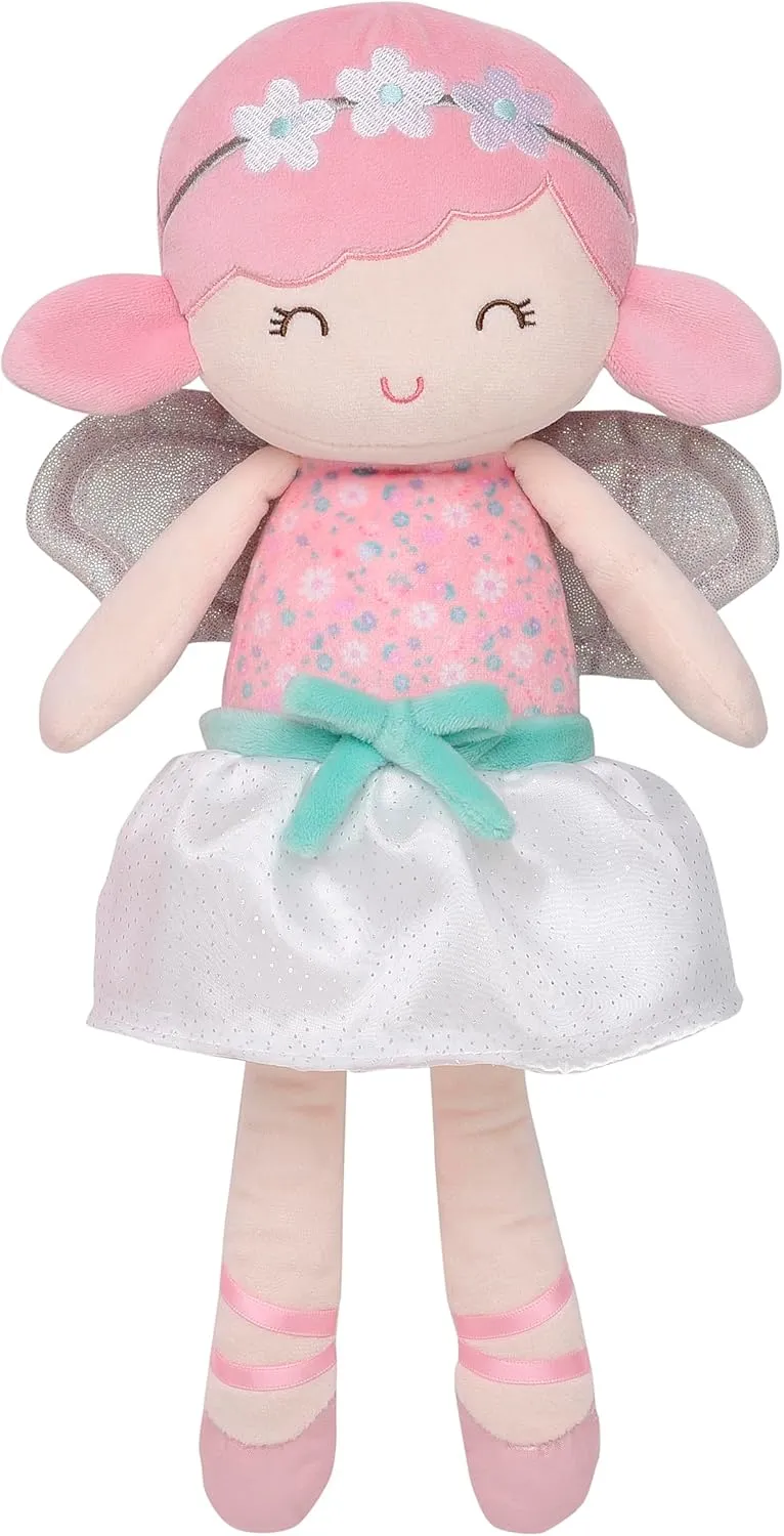 Large 15 inch Soft Baby Doll with Fairy Wings and Tulle Skirt, Flower and Satin Accents, Grace, Sparkle Pink