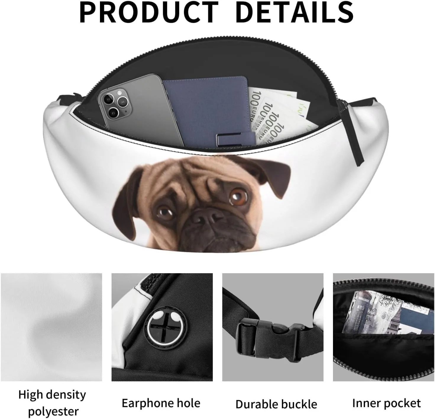 Large Bum Bag Cry Pug Waist Fanny Pack For Men Women,Bumbags With Headphone Jack And Zip Pockets Adjustable Belt For Sport Running Hiking Camping Workout Cycling