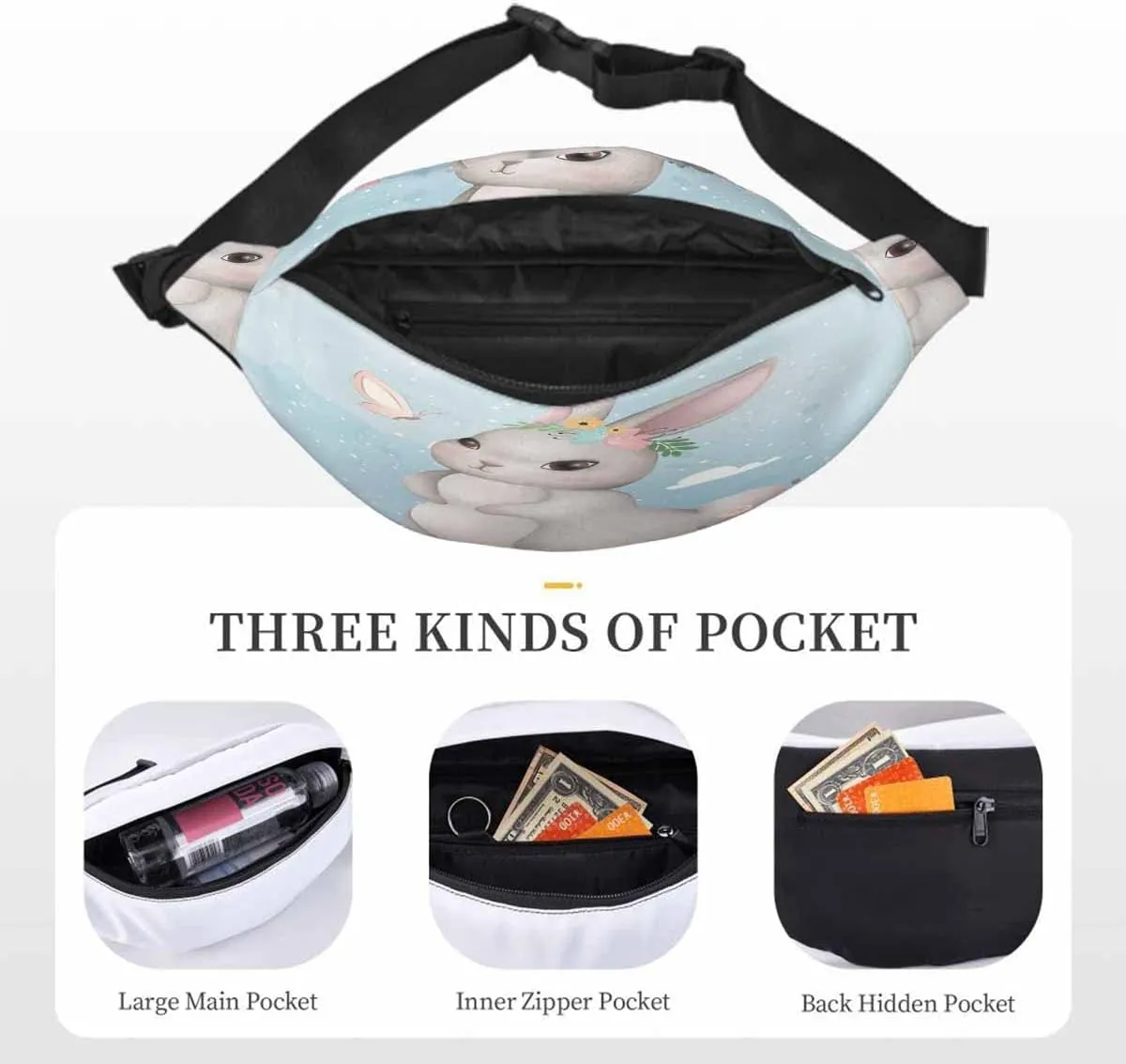 Large Crossbody Bag Waistpack Cute Standing Lovely Bunny Butterfly Rabbit Cartoon Leaf Leisure Sports Fanny Pack Zipper Bag for Running, Travel