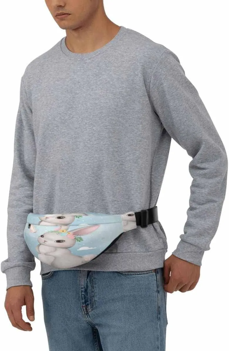Large Crossbody Bag Waistpack Cute Standing Lovely Bunny Butterfly Rabbit Cartoon Leaf Leisure Sports Fanny Pack Zipper Bag for Running, Travel