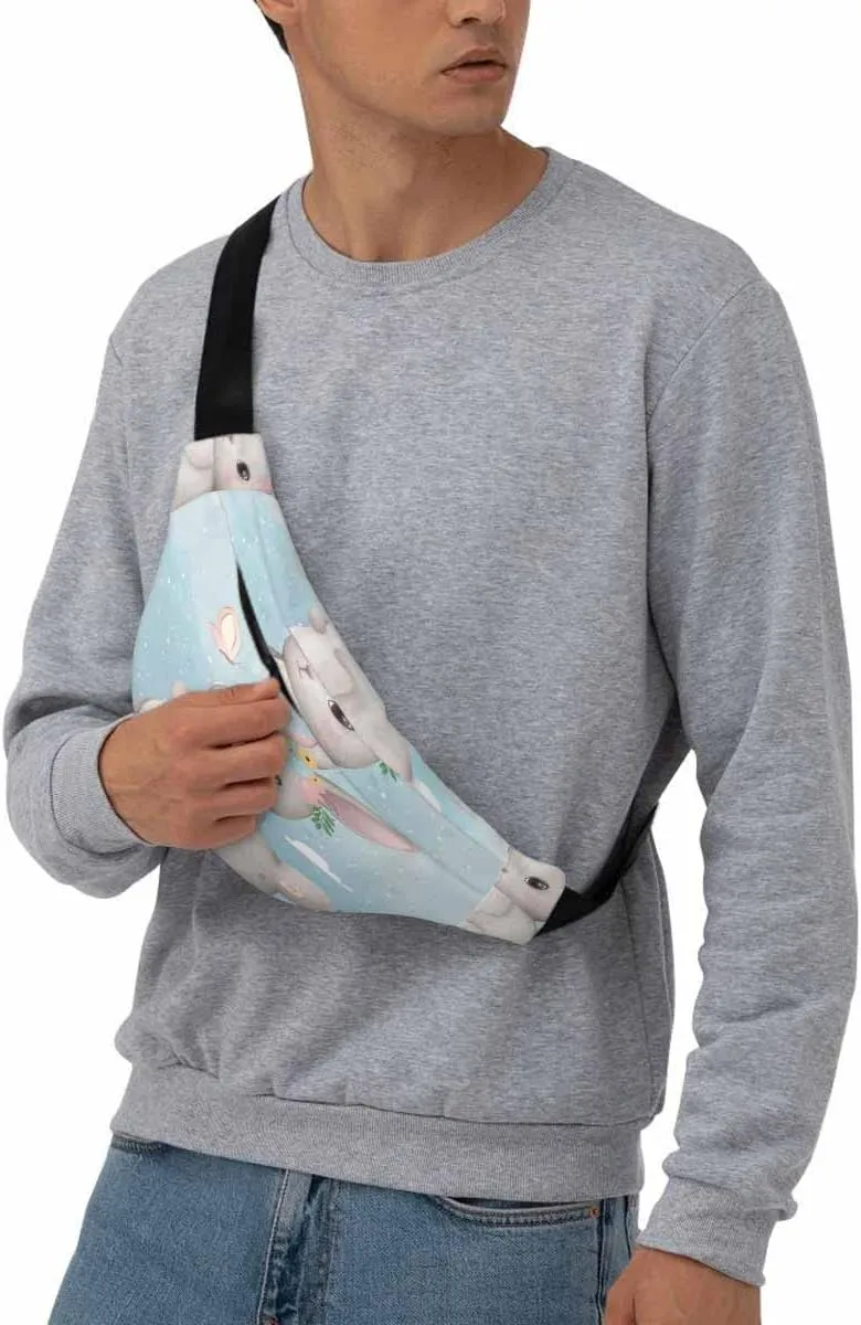 Large Crossbody Bag Waistpack Cute Standing Lovely Bunny Butterfly Rabbit Cartoon Leaf Leisure Sports Fanny Pack Zipper Bag for Running, Travel