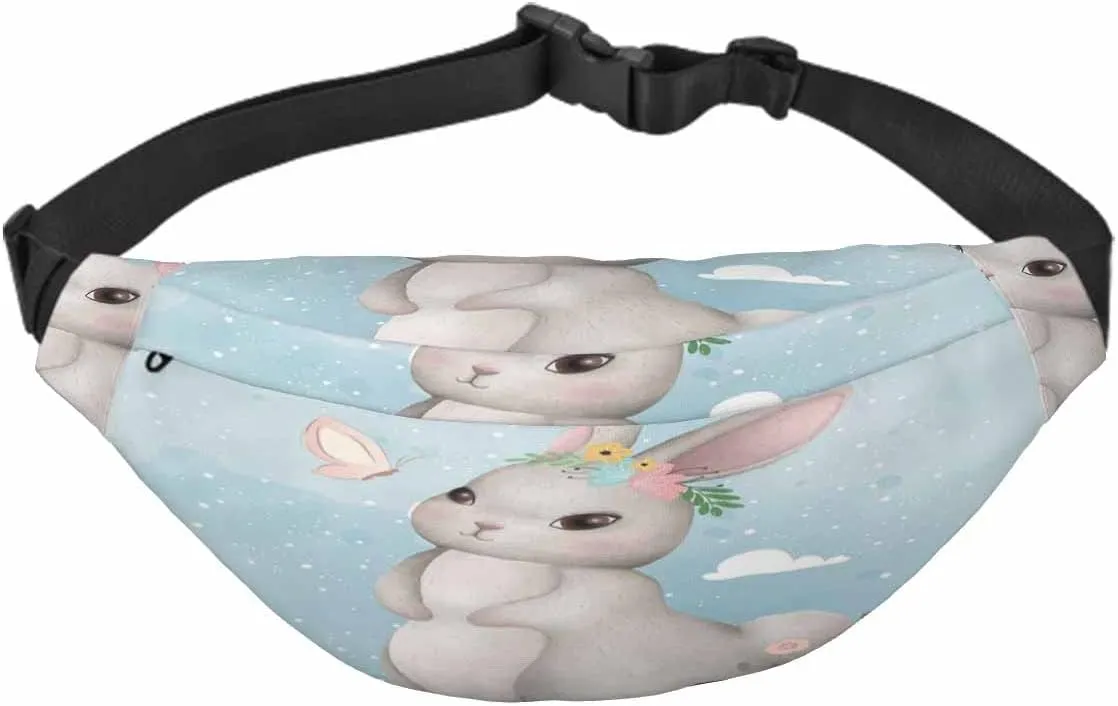 Large Crossbody Bag Waistpack Cute Standing Lovely Bunny Butterfly Rabbit Cartoon Leaf Leisure Sports Fanny Pack Zipper Bag for Running, Travel