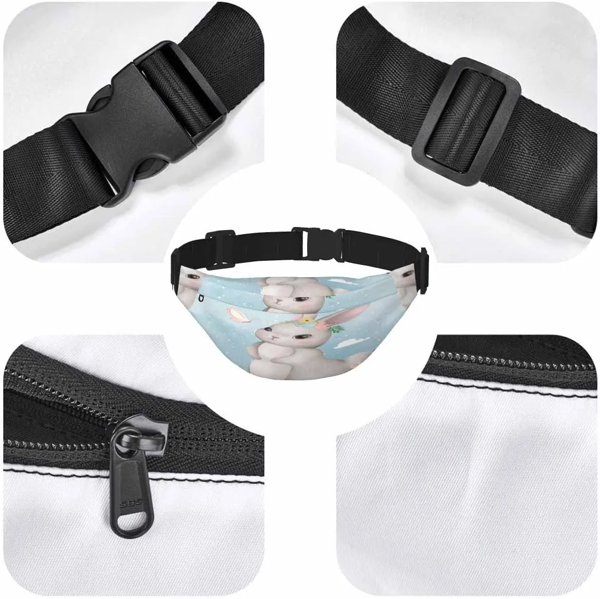 Large Crossbody Bag Waistpack Cute Standing Lovely Bunny Butterfly Rabbit Cartoon Leaf Leisure Sports Fanny Pack Zipper Bag for Running, Travel
