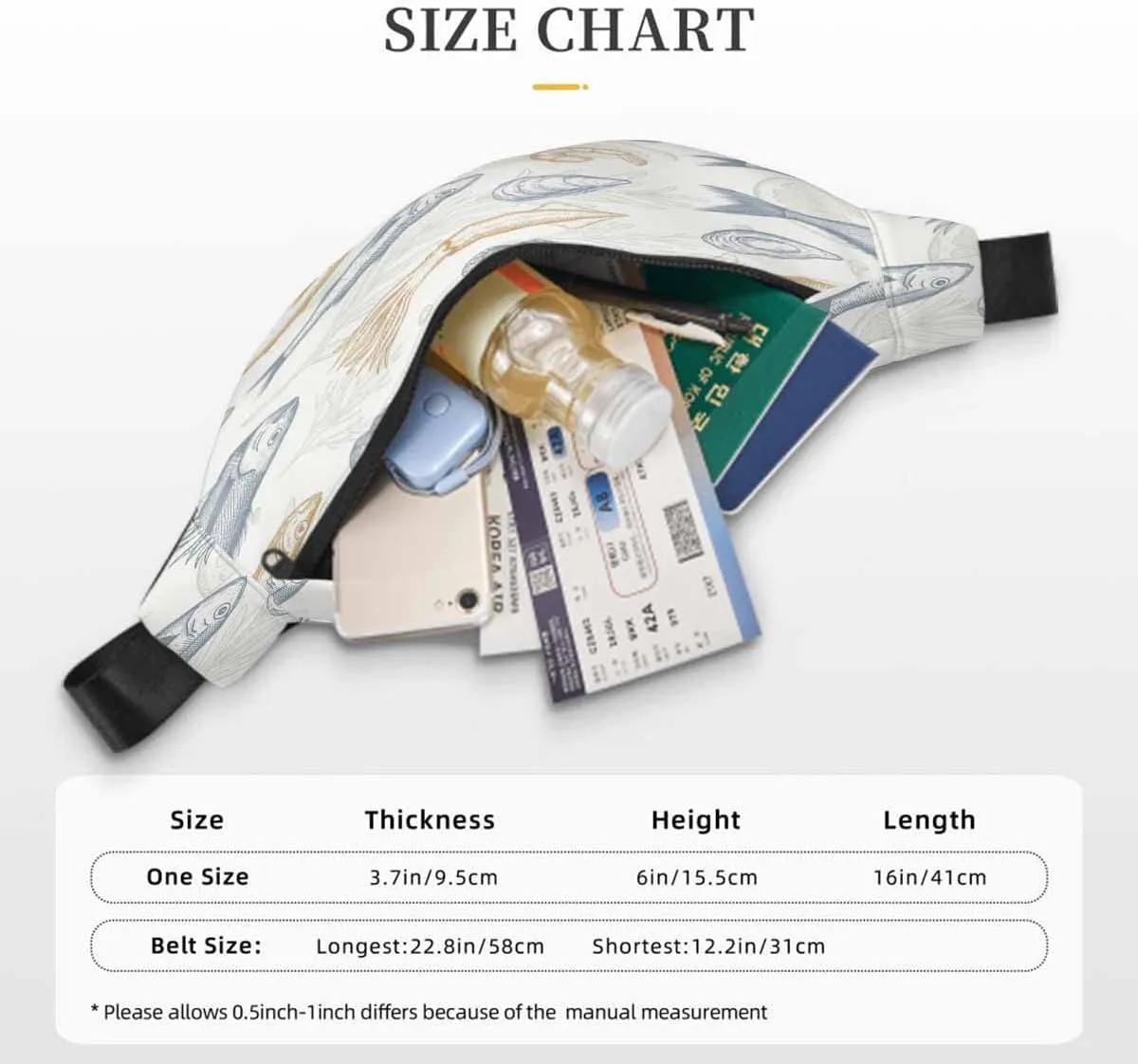 Large Crossbody Bag Waistpack Marine Organism Fish Seashell Leaf Shrimp Salmon Mussel Leisure Sports Fanny Pack Zipper Bag for Running, Travel