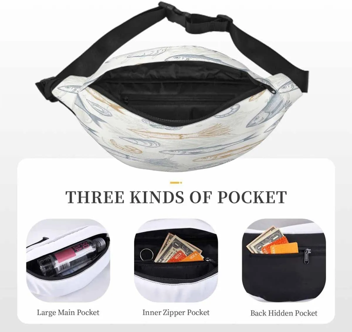 Large Crossbody Bag Waistpack Marine Organism Fish Seashell Leaf Shrimp Salmon Mussel Leisure Sports Fanny Pack Zipper Bag for Running, Travel