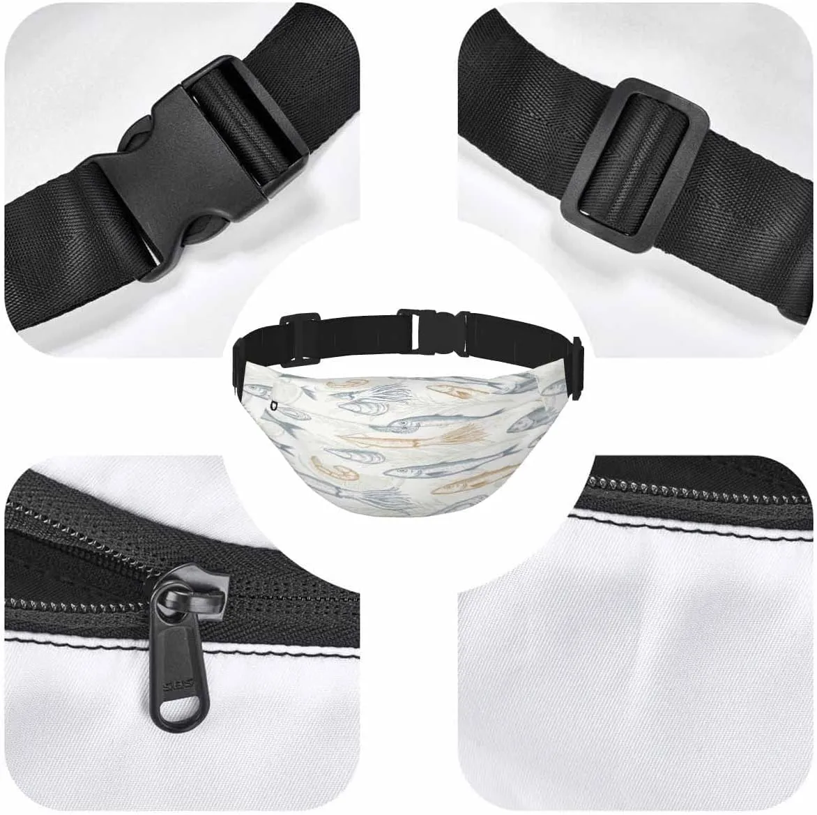 Large Crossbody Bag Waistpack Marine Organism Fish Seashell Leaf Shrimp Salmon Mussel Leisure Sports Fanny Pack Zipper Bag for Running, Travel