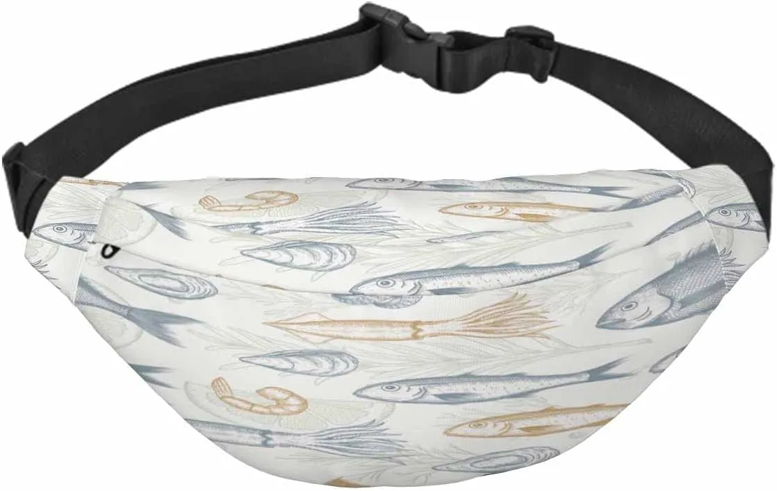 Large Crossbody Bag Waistpack Marine Organism Fish Seashell Leaf Shrimp Salmon Mussel Leisure Sports Fanny Pack Zipper Bag for Running, Travel