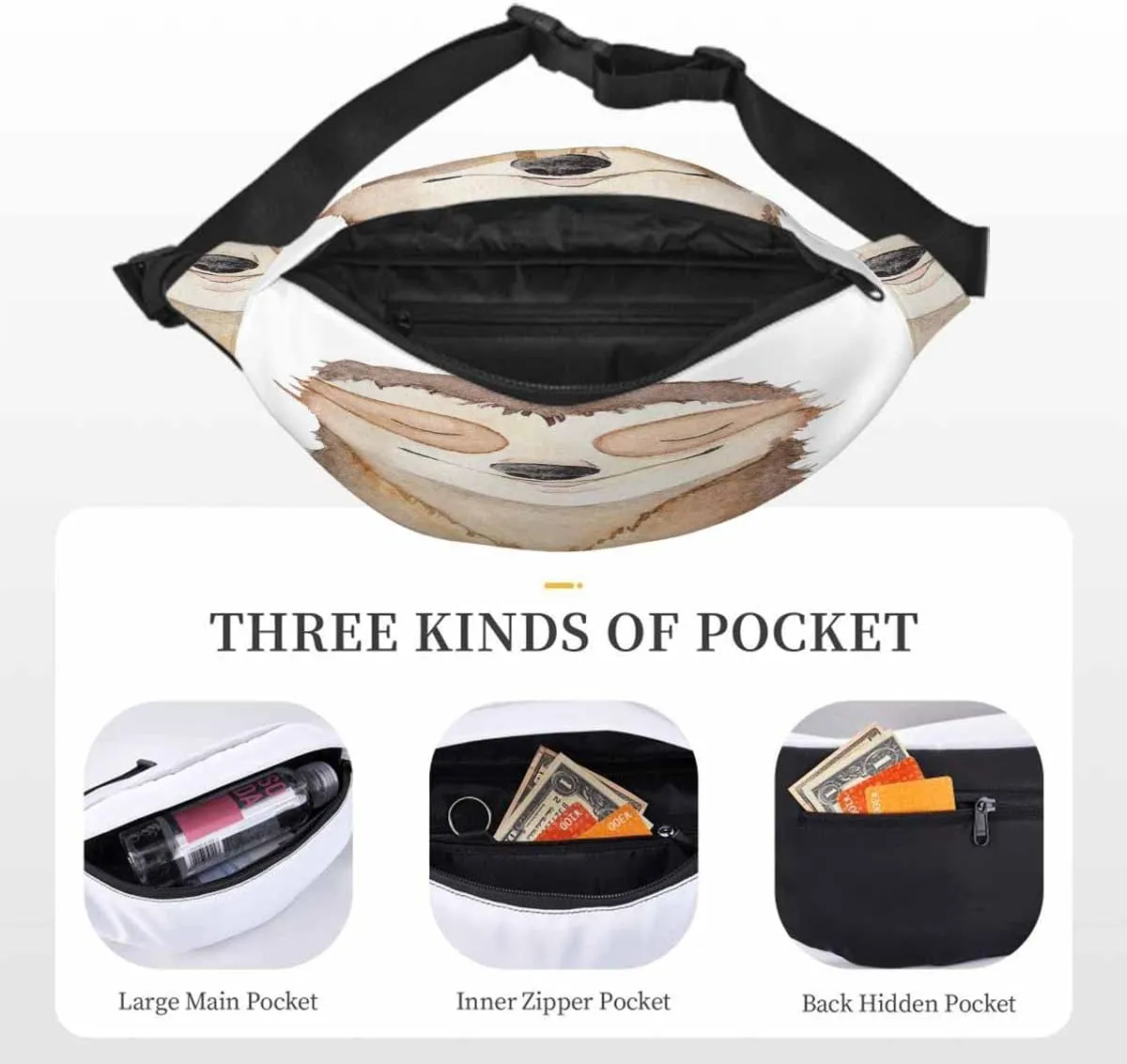 Large Crossbody Bag Waistpack Sloth Cute Animal Closed Eyes Smile Cartoon Shy Leisure Sports Fanny Pack Zipper Bag for Running, Travel