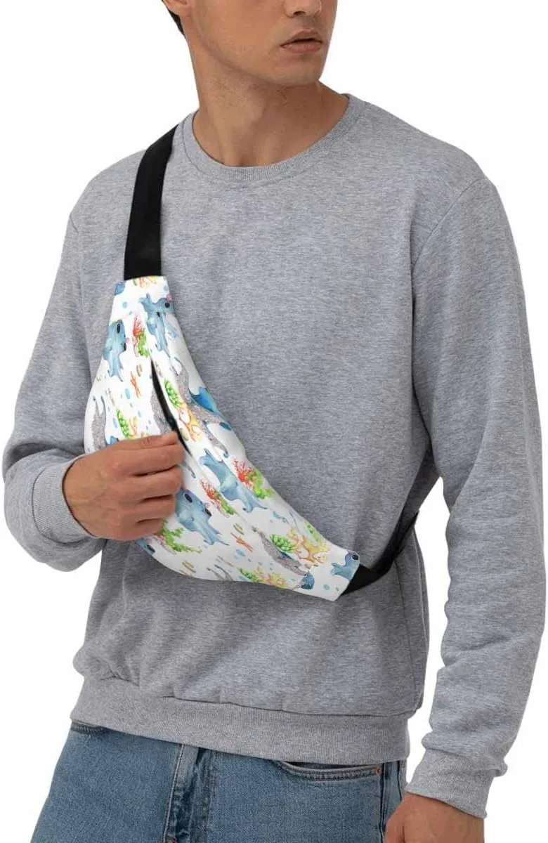 Large Crossbody Bag Waistpack Starfish Underwater Oceanic World Octopus Seaweed Doodle Blue Leisure Sports Fanny Pack Zipper Bag for Running, Travel