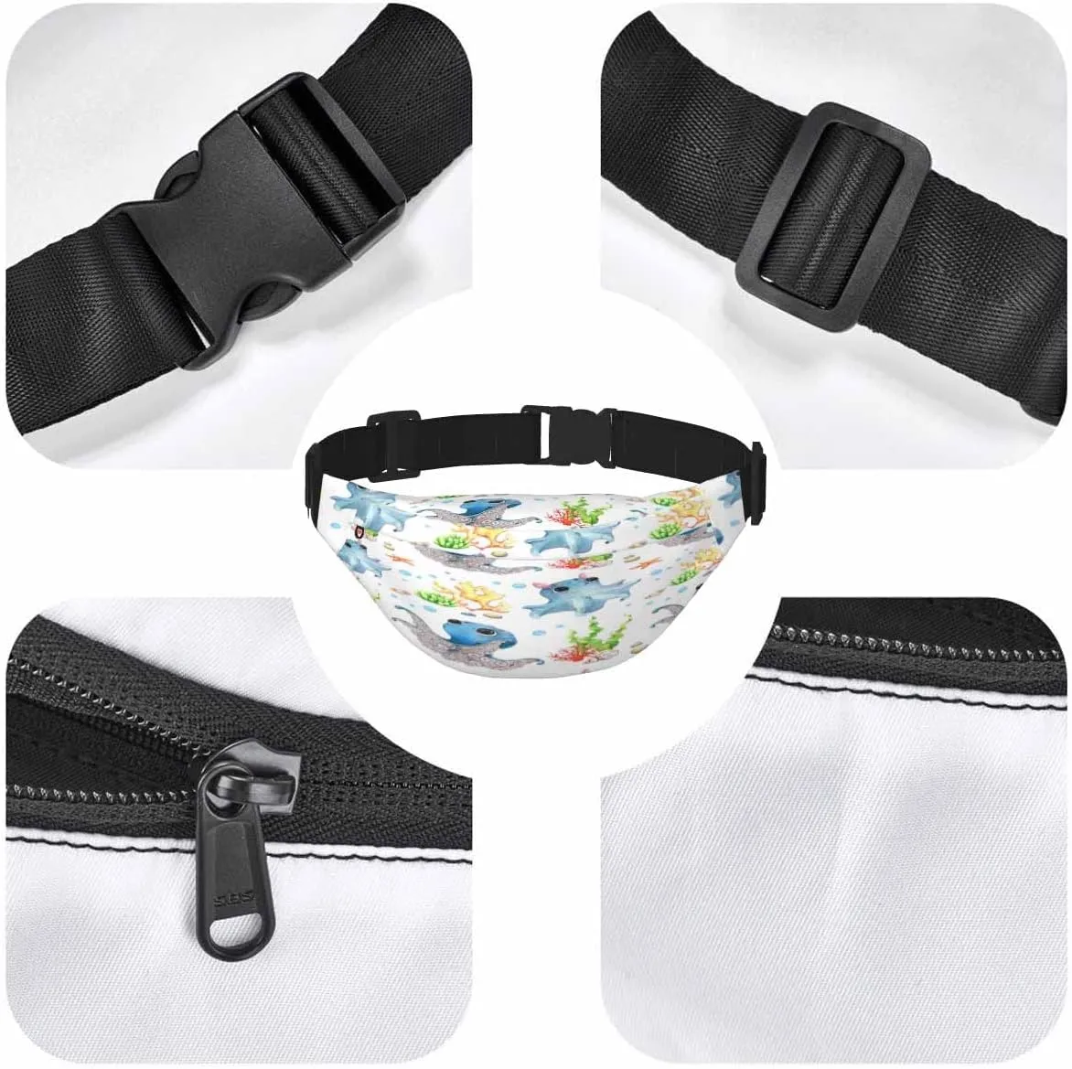 Large Crossbody Bag Waistpack Starfish Underwater Oceanic World Octopus Seaweed Doodle Blue Leisure Sports Fanny Pack Zipper Bag for Running, Travel