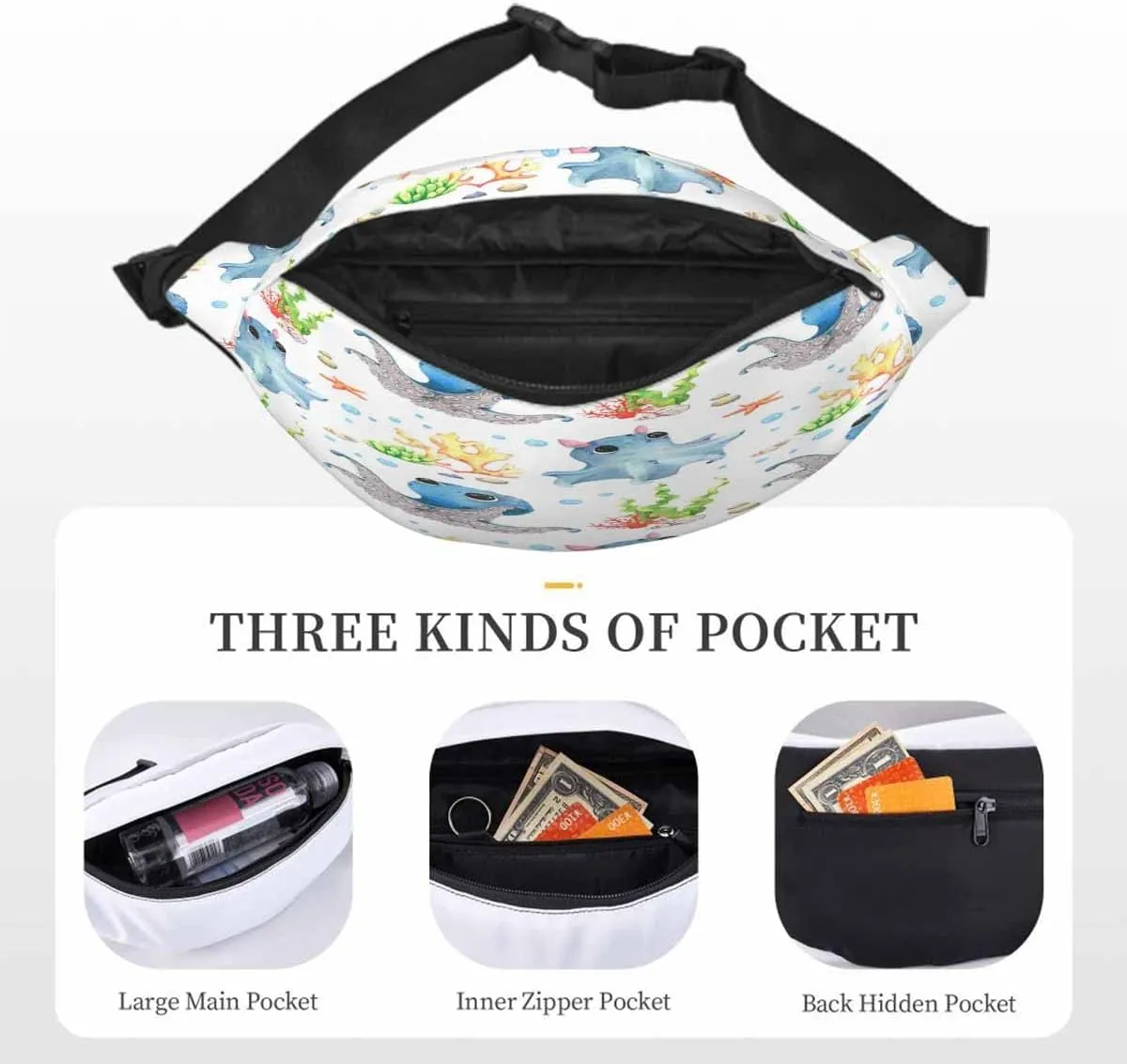 Large Crossbody Bag Waistpack Starfish Underwater Oceanic World Octopus Seaweed Doodle Blue Leisure Sports Fanny Pack Zipper Bag for Running, Travel