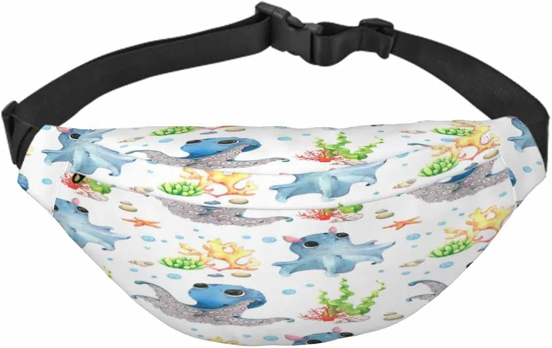Large Crossbody Bag Waistpack Starfish Underwater Oceanic World Octopus Seaweed Doodle Blue Leisure Sports Fanny Pack Zipper Bag for Running, Travel